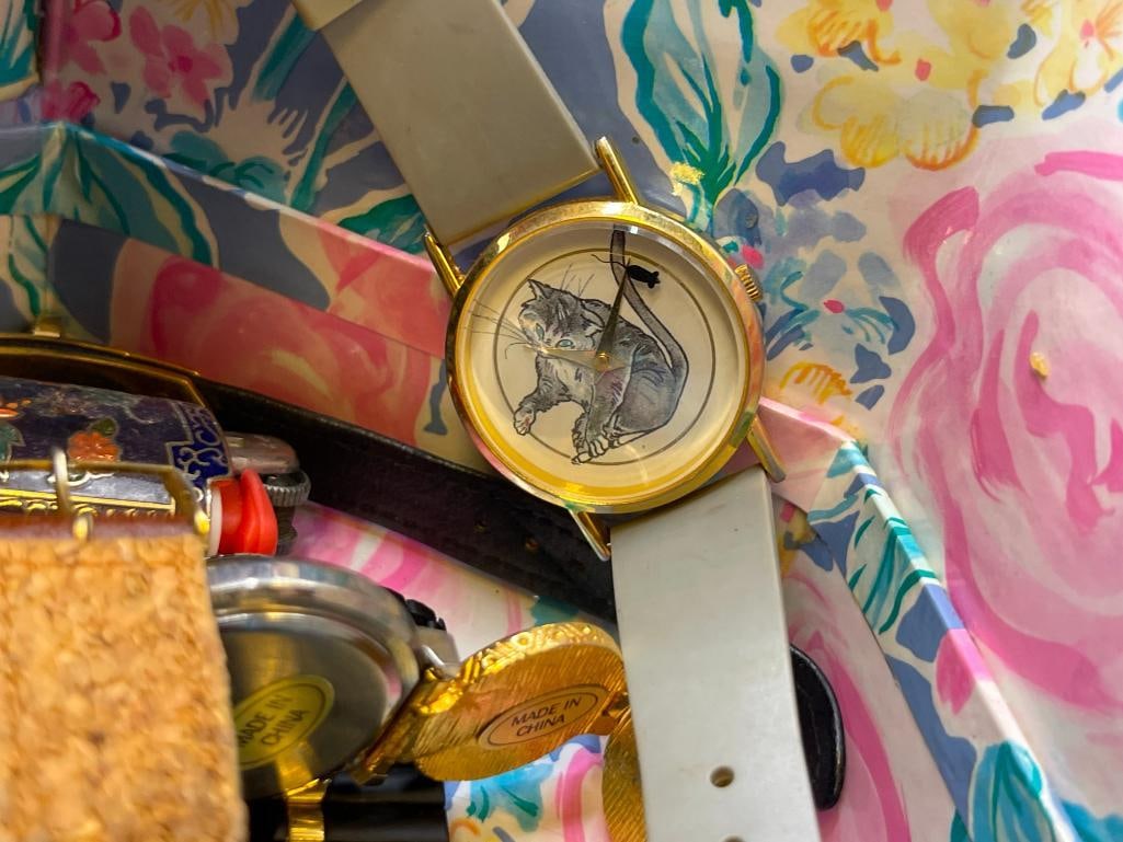 JEWERLY CASED FILLED WITH SIGNED COSTUME JEWELRY BROOCHES, LADIES WRISTWATCHES, PINS, AND MORE - 17