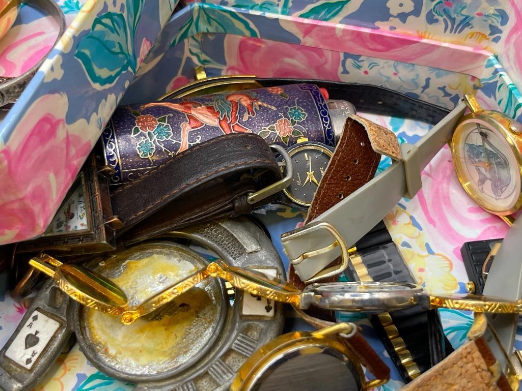 JEWERLY CASED FILLED WITH SIGNED COSTUME JEWELRY BROOCHES, LADIES WRISTWATCHES, PINS, AND MORE - 7