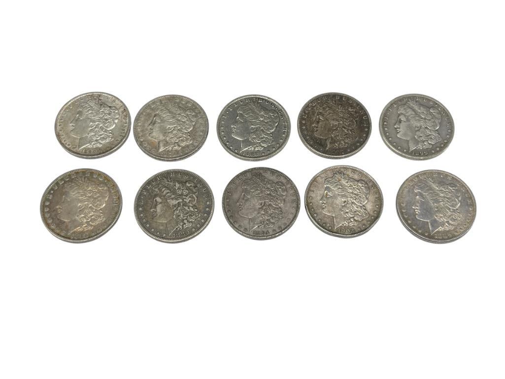 10 U.S. MORGAN SILVER DOLLARS FEATURING VARIOUS DATES AND MINT MARKS: 90% SILVER
