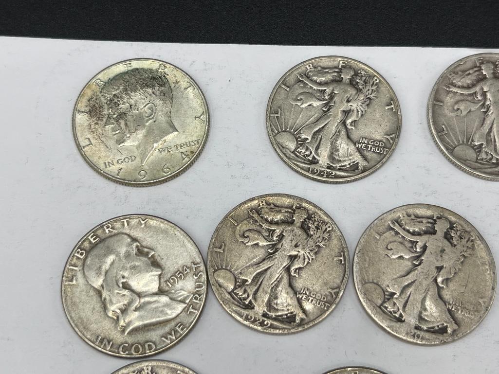 10 U.S. 90% SILVER HALF DOLLARS INCLUDING KENNEDY, FRANKLIN, AND WALKING LIBERTY - 2