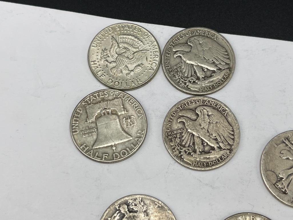 10 U.S. 90% SILVER HALF DOLLARS INCLUDING KENNEDY, FRANKLIN, AND WALKING LIBERTY - 3