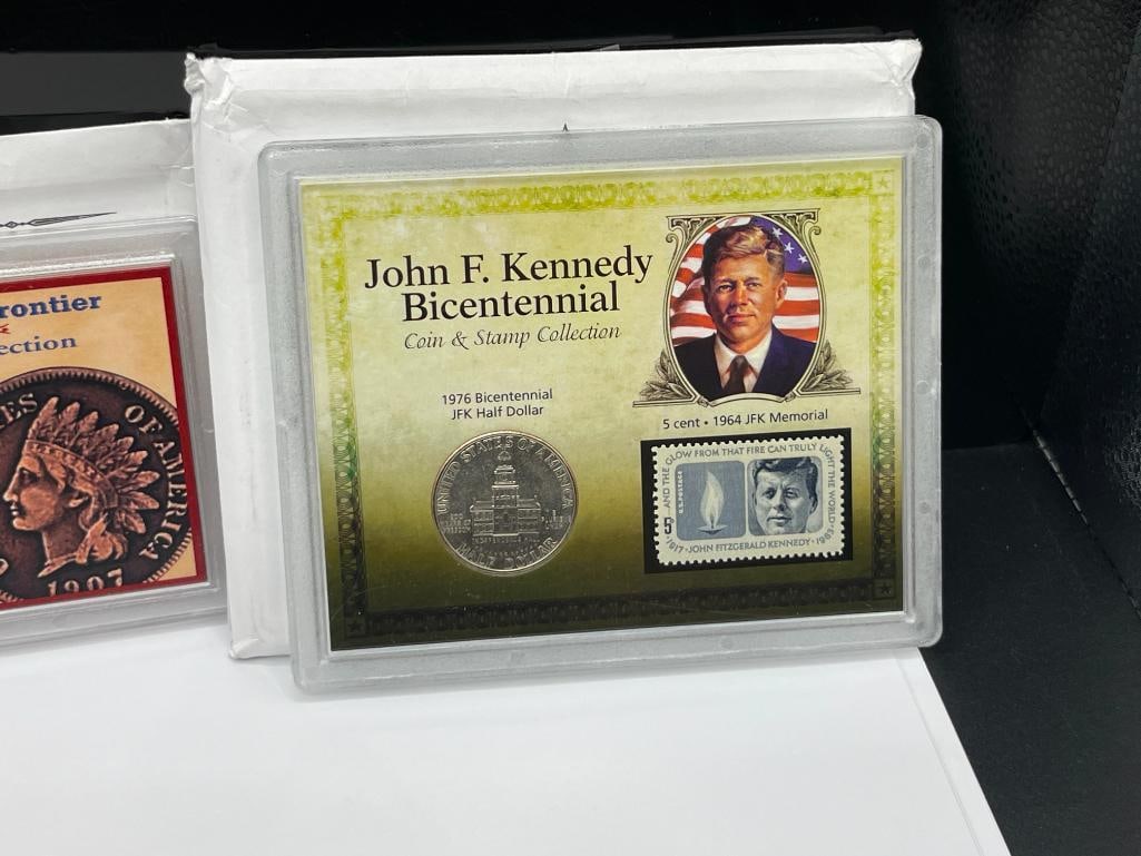 JOHN F. KENNEDY BICENTENNIAL COIN AND STAMP SET AND COINS OF THE AMERICAN FRONTIER SET - 2