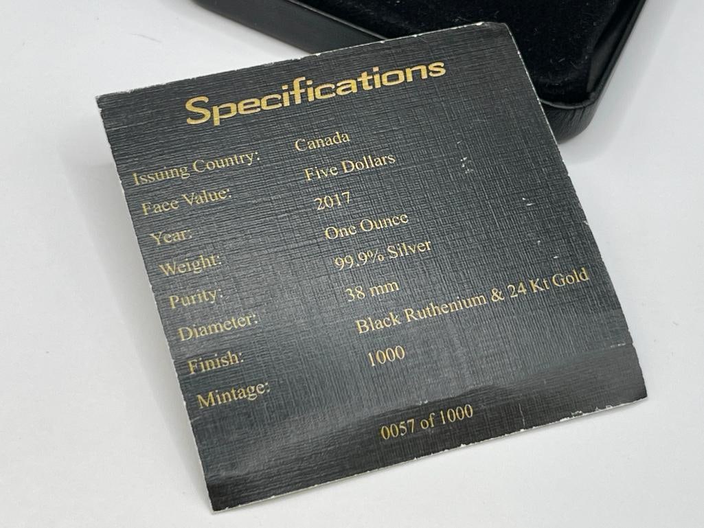 2017 CANADA BLACKOUT COLLECTION .999 FINE SILVER $5 COIN FEATURING 24K GOLD ACCENT - 7