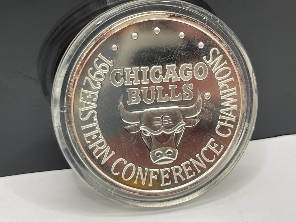 1992 EASTERN CONFERENCE CHAMPIONS CHICAGO BULLS COMMEMORATIVE .999 FINE SILVER COIN - 2