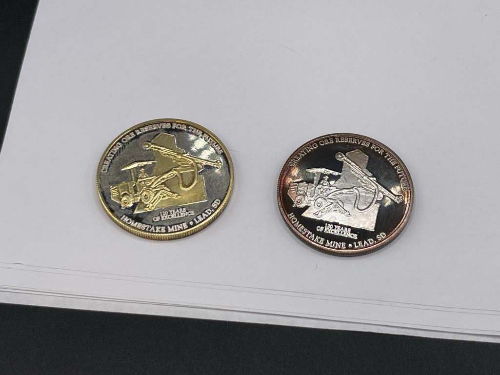 HOMESTAKE MINE HOMESTOAKE ORE .999 FINE SILVER COIN DISPLAY FEATURING TWO COINS ON WOOD PLAQUE - 5