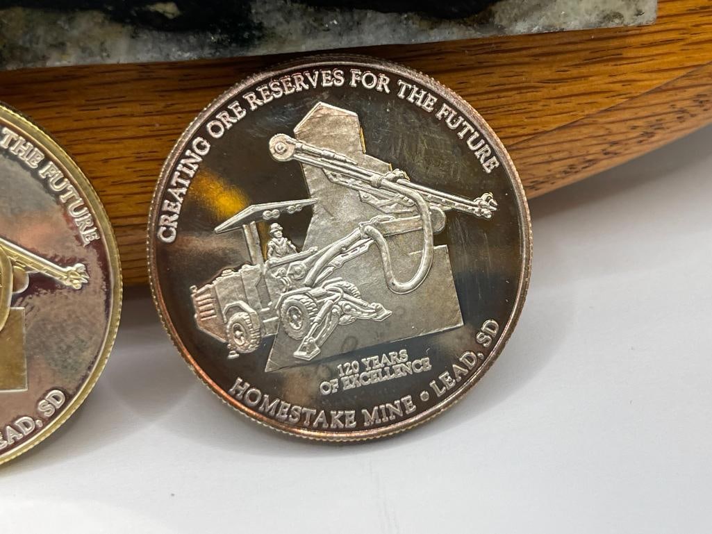 HOMESTAKE MINE HOMESTOAKE ORE .999 FINE SILVER COIN DISPLAY FEATURING TWO COINS ON WOOD PLAQUE - 7