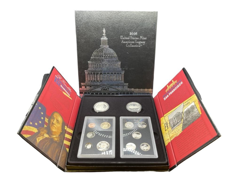 2006 U.S. MINT AMERICAN LEGACY COLLECTION INCLUDING TWO COMMEMORATIVE 90% SILVER DOLLARS: INCLUDES 12 PREMIUM PROOF COINS, ORIGINAL CASE AND BOX EACH SILVER COIN IS 26.73 GRAMS