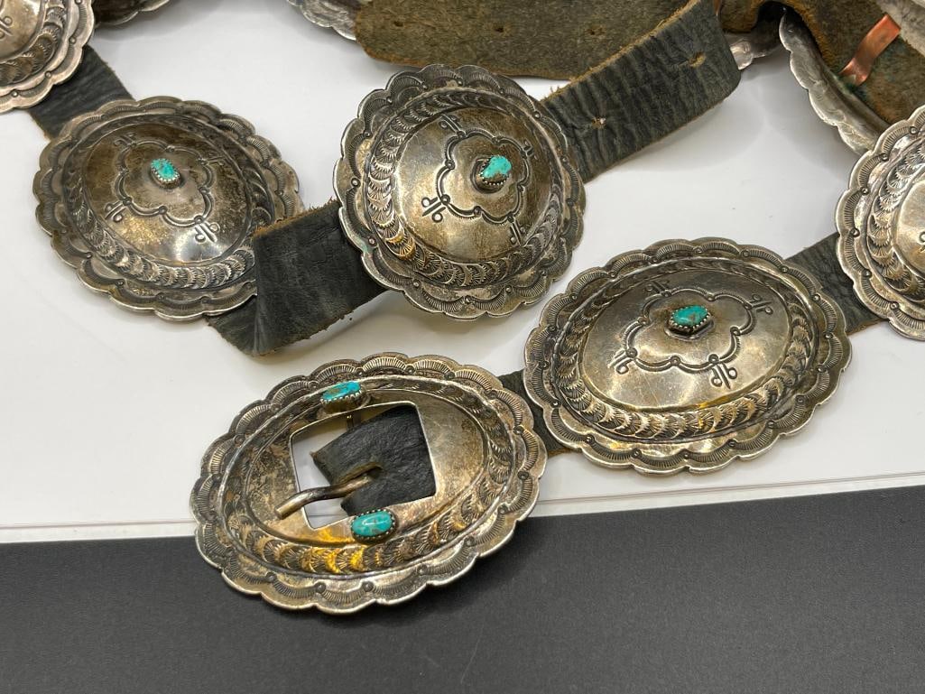 ANTIQUE NAVAJO STERLING SILVER TURQUOISE CONCHO BELT - 2