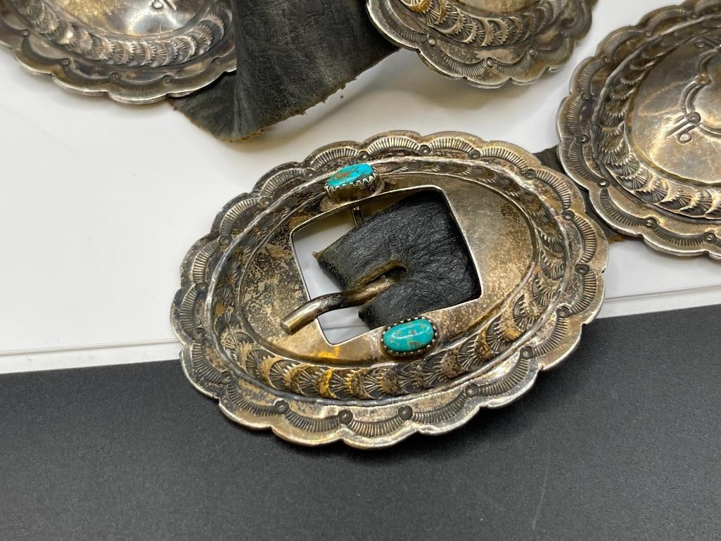 ANTIQUE NAVAJO STERLING SILVER TURQUOISE CONCHO BELT - 3
