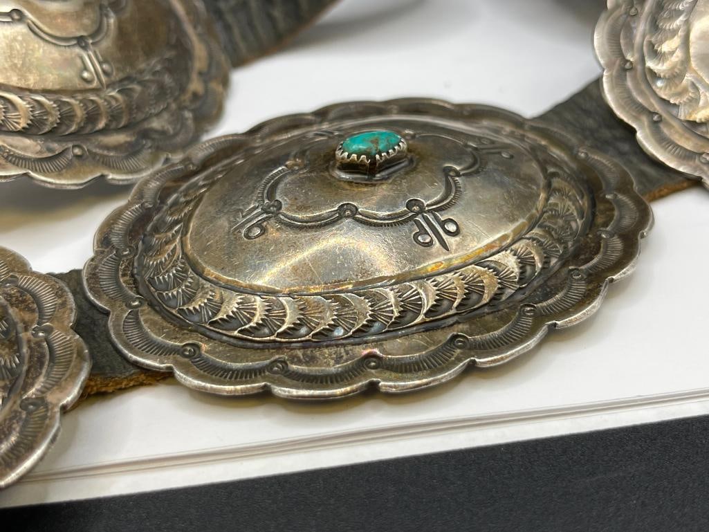 ANTIQUE NAVAJO STERLING SILVER TURQUOISE CONCHO BELT - 4