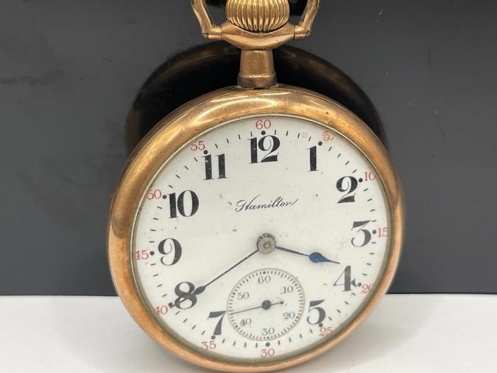ANTIQUE HAMILTON GOLD FILLED OPEN FACE POCKET WATCH - 2