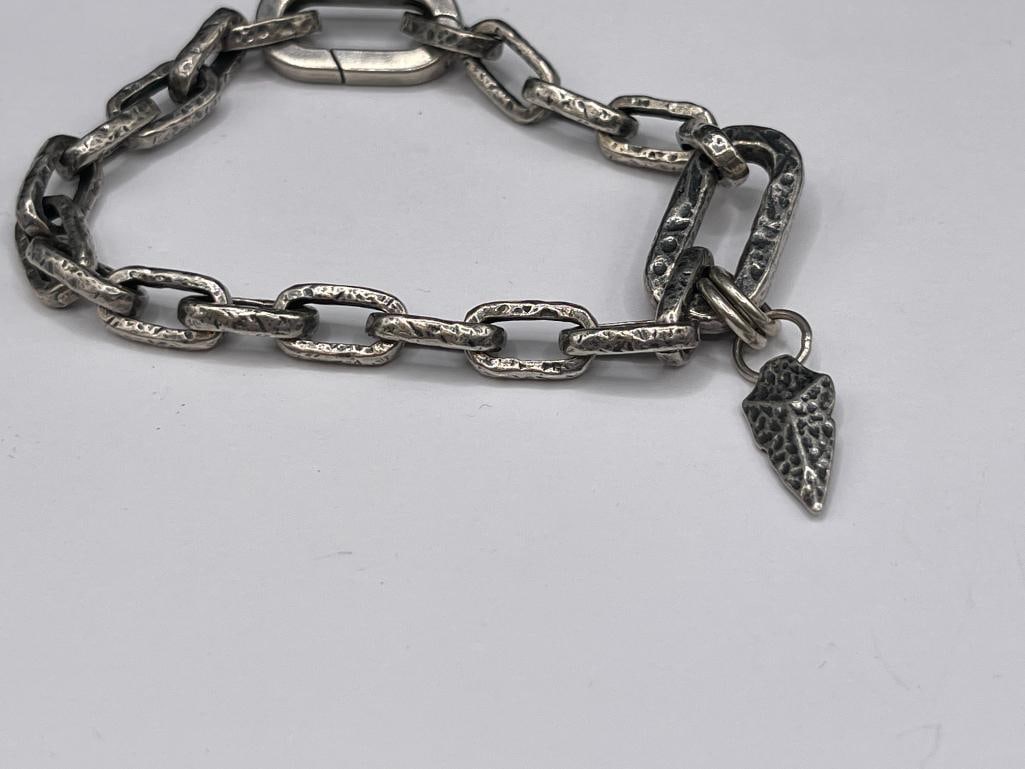 DIESEL STERLING SILVER DESIGNER SIGNED LINK BRACELET WITH ARROWHEAD CHARM DANGLE - 2