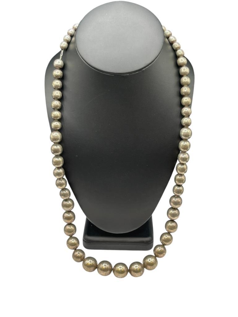 VINTAGE TAXCO MEXICO STERLING SILVER GRADUATED BEAD NECKLACE MARKED MEXICO ON CLASP: MARKED "TN-212" ON CLASP 26", UP TO 5/8" BEADS, 106.79 GRAMS 