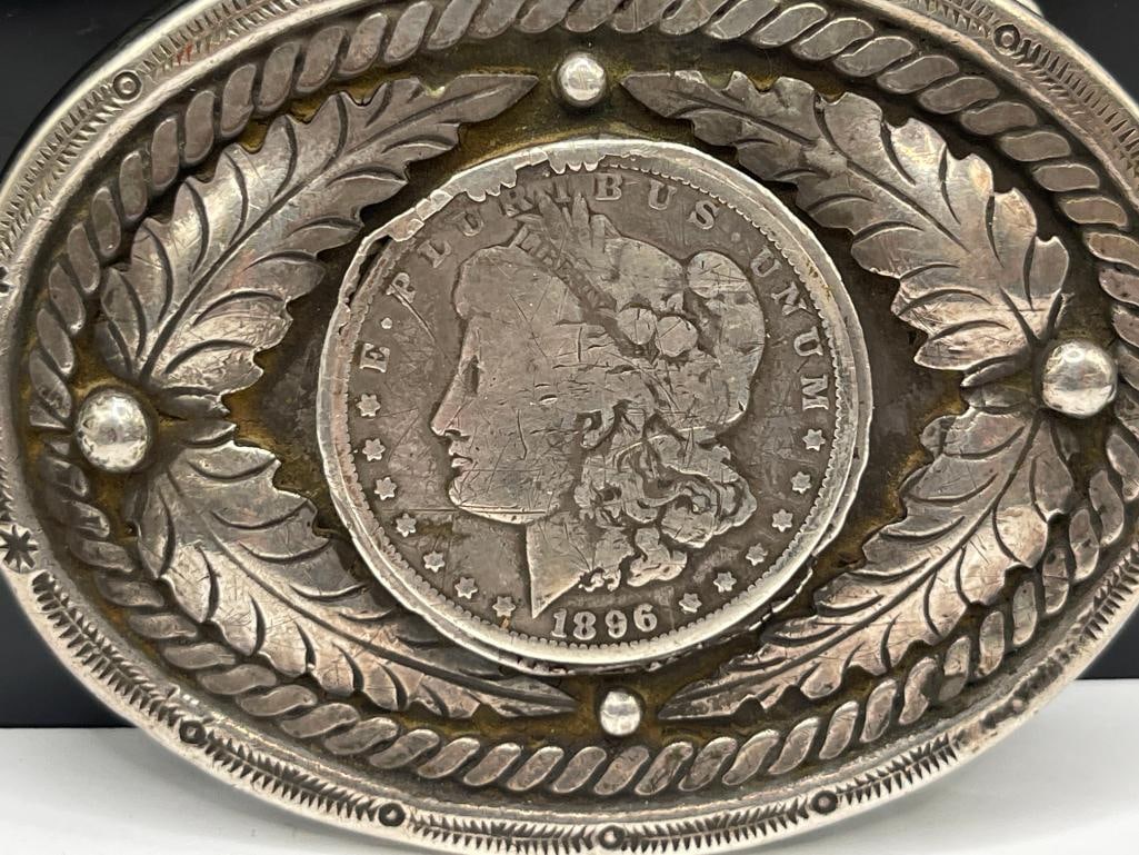 VINTAGE NAVJO ARTIST SIGNED STERLING SILVER 1896 U.S. MORGAN SILVER DOLLAR BELT BUCKLE - 2