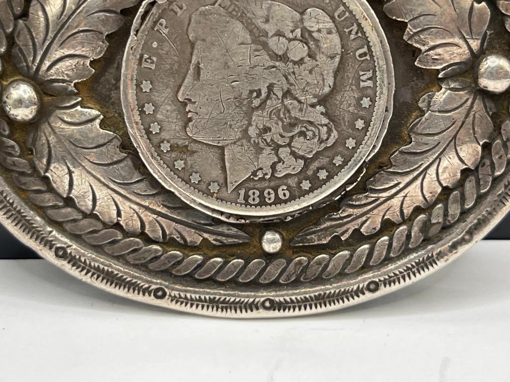 VINTAGE NAVJO ARTIST SIGNED STERLING SILVER 1896 U.S. MORGAN SILVER DOLLAR BELT BUCKLE - 3