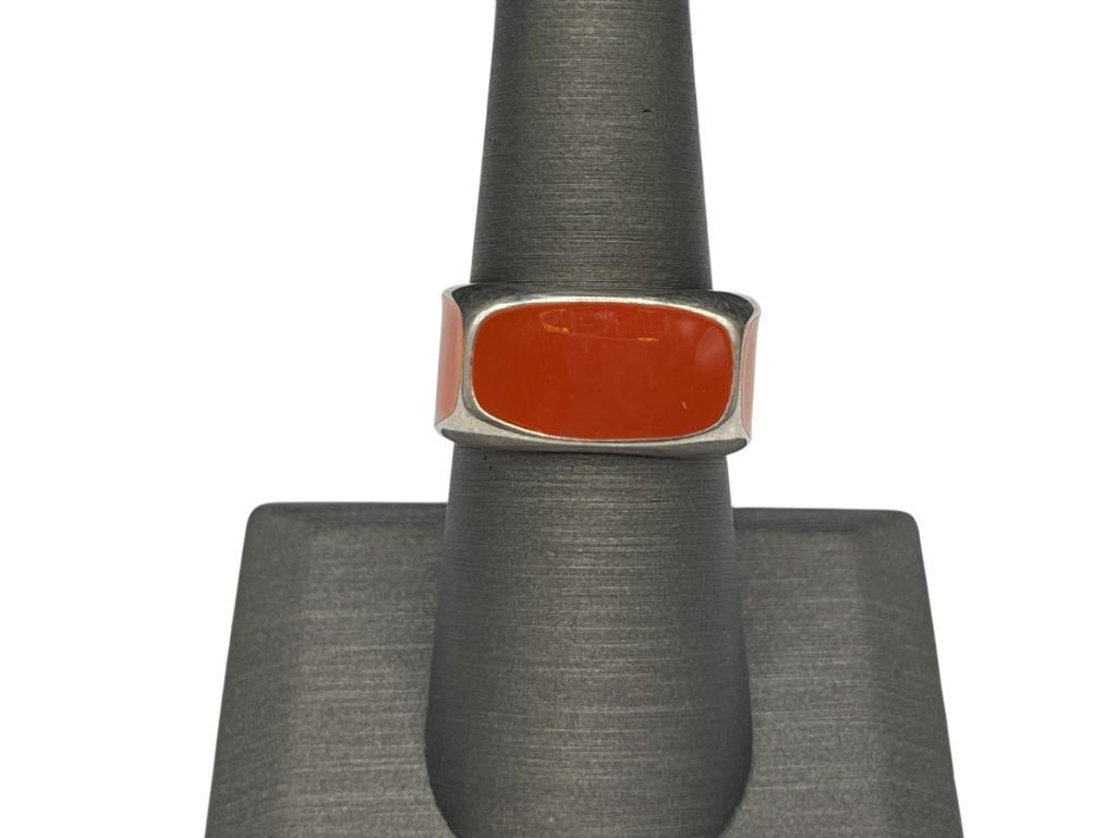 VINTAGE ITALIAN MILOR STERLING SILVER ORANGE ENAMELED SQUARE SHAPED RING: SIZE 8, 3/8" THICK, 10.31 GRAMS 