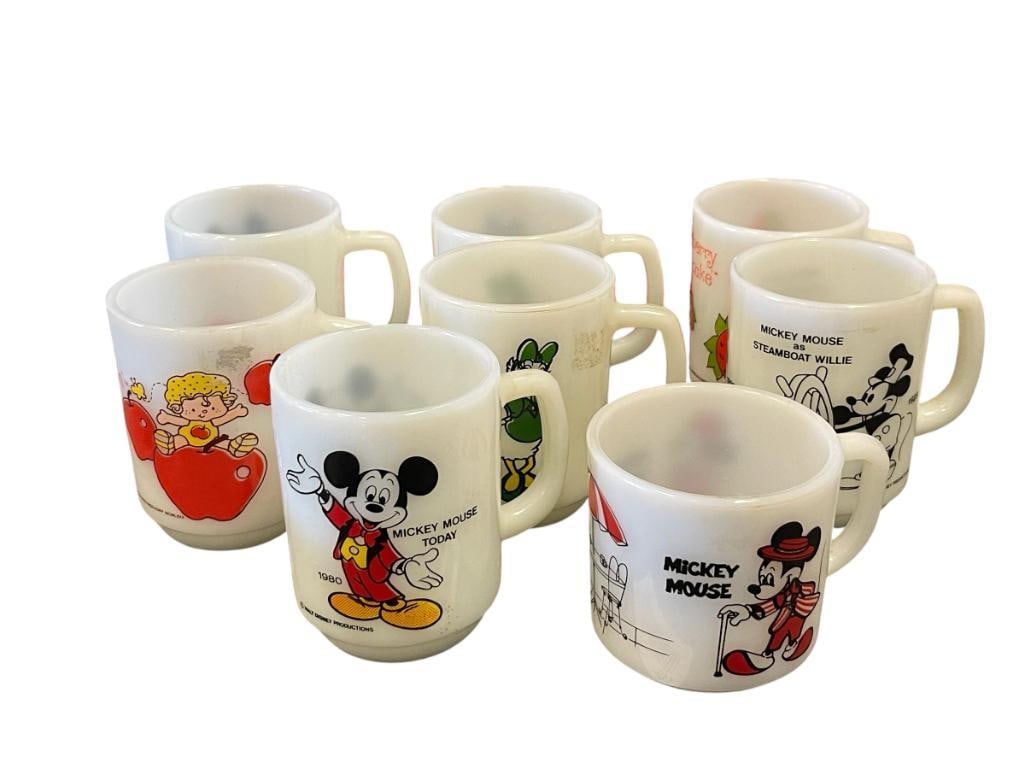 VINTAGE ANCHOR HOCKING MILK GLASS DISNEY / STRAWBERRY SHORTCAKE CHARACTER ILLUSTRATED MUGS / CUPS: EIGHT MUGS / CUPS TOTAL, NO CHIPS OR CRACKS 3" AND 4" H