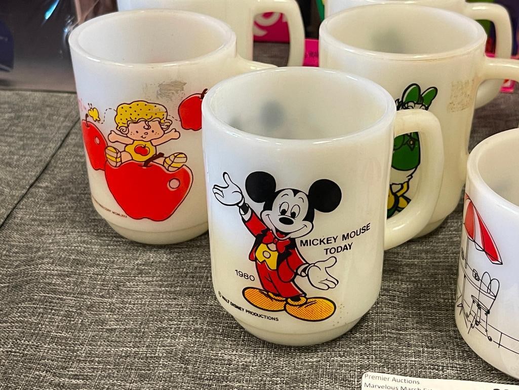 VINTAGE ANCHOR HOCKING MILK GLASS DISNEY / STRAWBERRY SHORTCAKE CHARACTER ILLUSTRATED MUGS / CUPS - 2