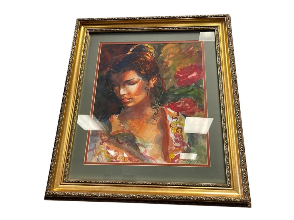 ORIGINAL WATERCOLOR ON PAPER PORTRAIT OF A WOMAN SIGNED LOWER RIGHT SOLD BY JAMISON GALLERY: 19 1/2": X 22 1/2" FRAME 
