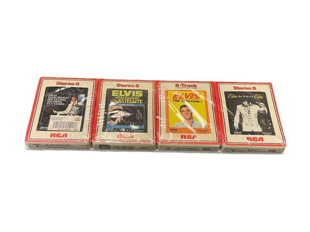 FOUR ELVIS PRESLEY STEREO 8 TRACK TAPES WITH SLEEVES: BOULEVARD MEMPHIS TENNESSEE, ALOHA FROM HAWAII, FOR EVERYONE, AND THAT'S THE WAY IT IS