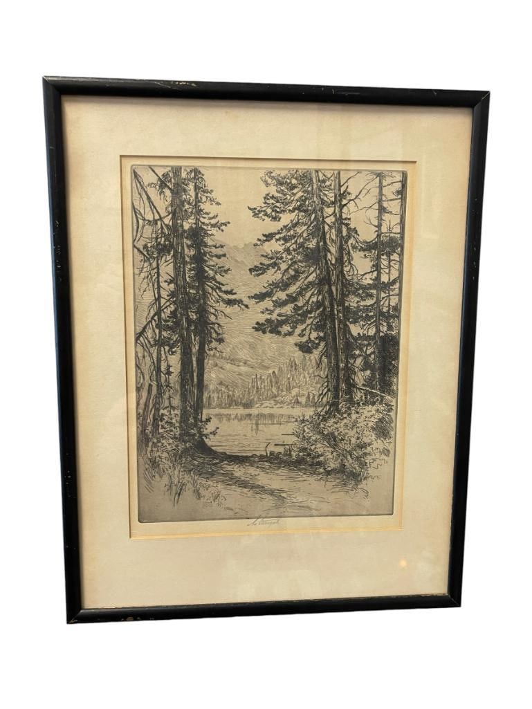 LEE STURGES AMERICAN ETCHER ORIGINAL ETCHING LANDSCAPE: LEE STURGES (1865-1954) WAS BORN IN CHICAGO ACTIVE DURING 1920'S THRU 1940'S, ETCHING DEPICTS MOUNTAIN VIEW FROM BETWEEN PINE TREES, SIGNED BOTTOM CENTER, PAPER IS EMBOSSED LOWER LEFT, FRAMED 12