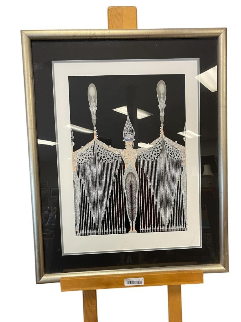 ERTE ROMAIN DE TIROFF RUSSIAN-FRENCH ARTIST LIMITED EDITION SERIGRAPH TITLED LES BIJOUX DE PERLES: ERTE (1892-1990) WAS A WORLD KNOWN ARTIST GREATLY INFLUENCED ART DECO ERA, SERIGRAPH ILLUSTRATED WOMAN IN ELABORATE DRESS, SIGNED LOWER RIGHT, NO. 89/300, CERTIFICATE OF AUTHENTICITY ON THE BACK, FRAM