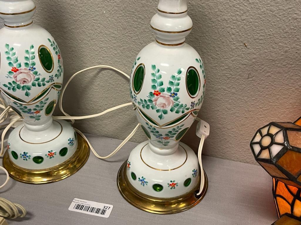 PAIR OF BOHEMIAN MILK GLASS CUT TO EMERALD HAND PAINTED TABLE LAMPS - 2