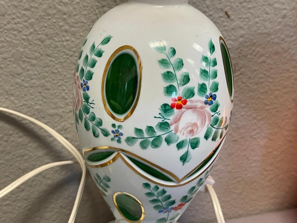 PAIR OF BOHEMIAN MILK GLASS CUT TO EMERALD HAND PAINTED TABLE LAMPS - 3