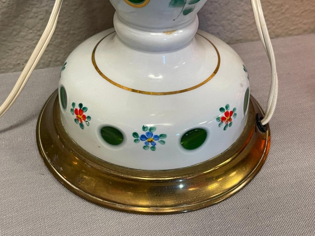 PAIR OF BOHEMIAN MILK GLASS CUT TO EMERALD HAND PAINTED TABLE LAMPS - 4