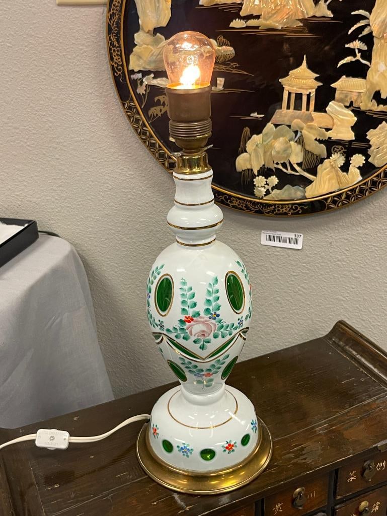 PAIR OF BOHEMIAN MILK GLASS CUT TO EMERALD HAND PAINTED TABLE LAMPS - 5