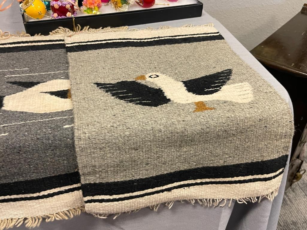 TWO HAND WOVEN WOOL ZAPOTEC WEAVINGS WITH BIRD AND FISH MOTIF IN GREY, BLACK, AND WHITE - 2