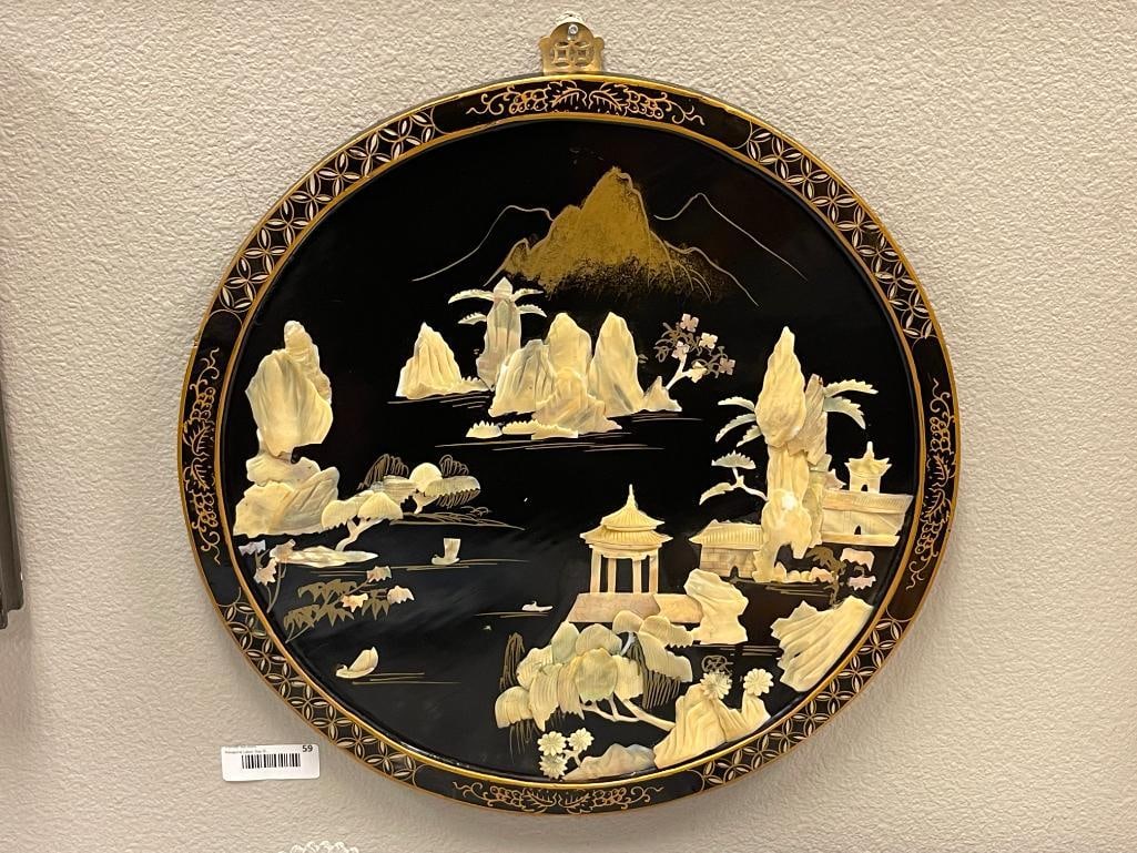 VINTAGE CHINESE LACQUERED WOOD ROUND PANEL WITH MOTHER OF PEARL LANDSCAPE / MOUNTAIN SCENE - 2