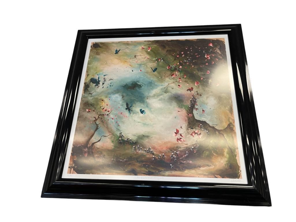 CHRIS RIVERS DRUMMER TURNED ARTIST LIMITED EDITION PRINT TITLED FAR DOWN TO THE EVER SHRINKING WO...: CHRIS RIVERS BORN IN ENGLAND, WAS A FORMER ROCK DRUMMER SELF-TAUGHT ARTIST, ART ILLUSTRATES MOODY SCENE OF SKELETONS GATHERED AT THE BOTTOM WITH FLOWERS FLYING AROUND, NO. 41/99, SIGNED LOWER RIGHT,