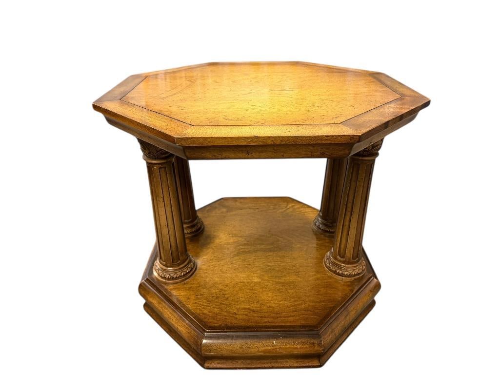 1970'S OCTAGONAL SIDE TABLE WITH NEOCLOASSICAL STYLE COLUMNS: BIRCH SIDE TABLE 21" X 21" X 18"