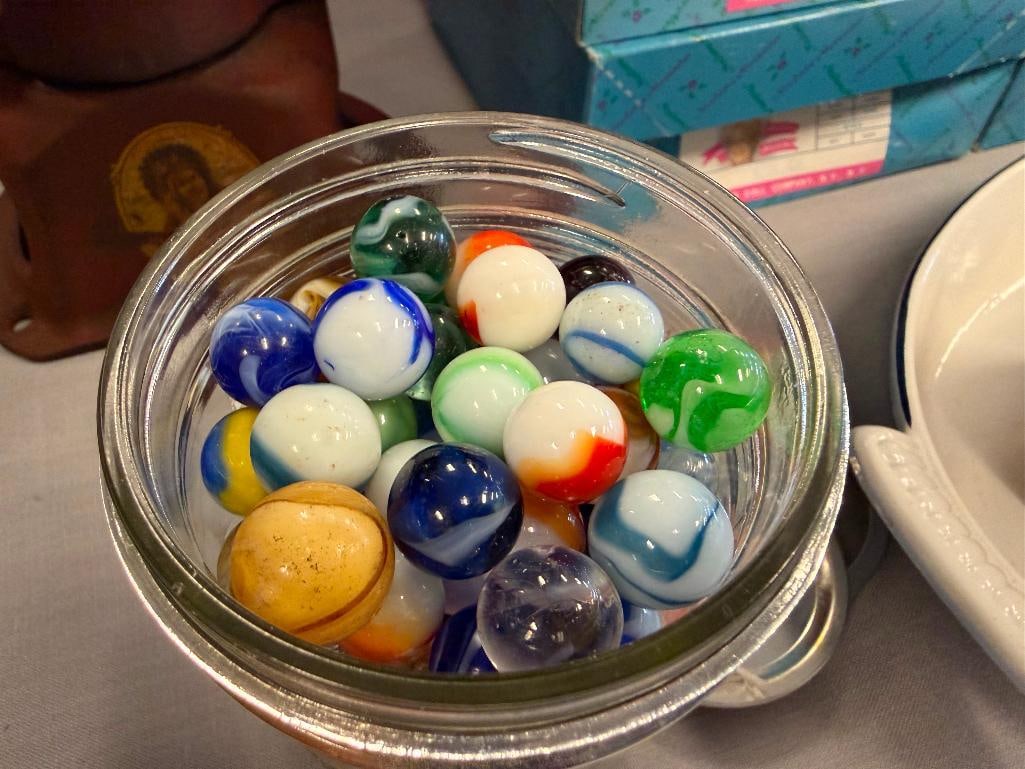 BALL MASON JAR FULL OF 20TH CENTURY MARBLES INCLUDING FEW FLUORESCENT MARBLES - 3