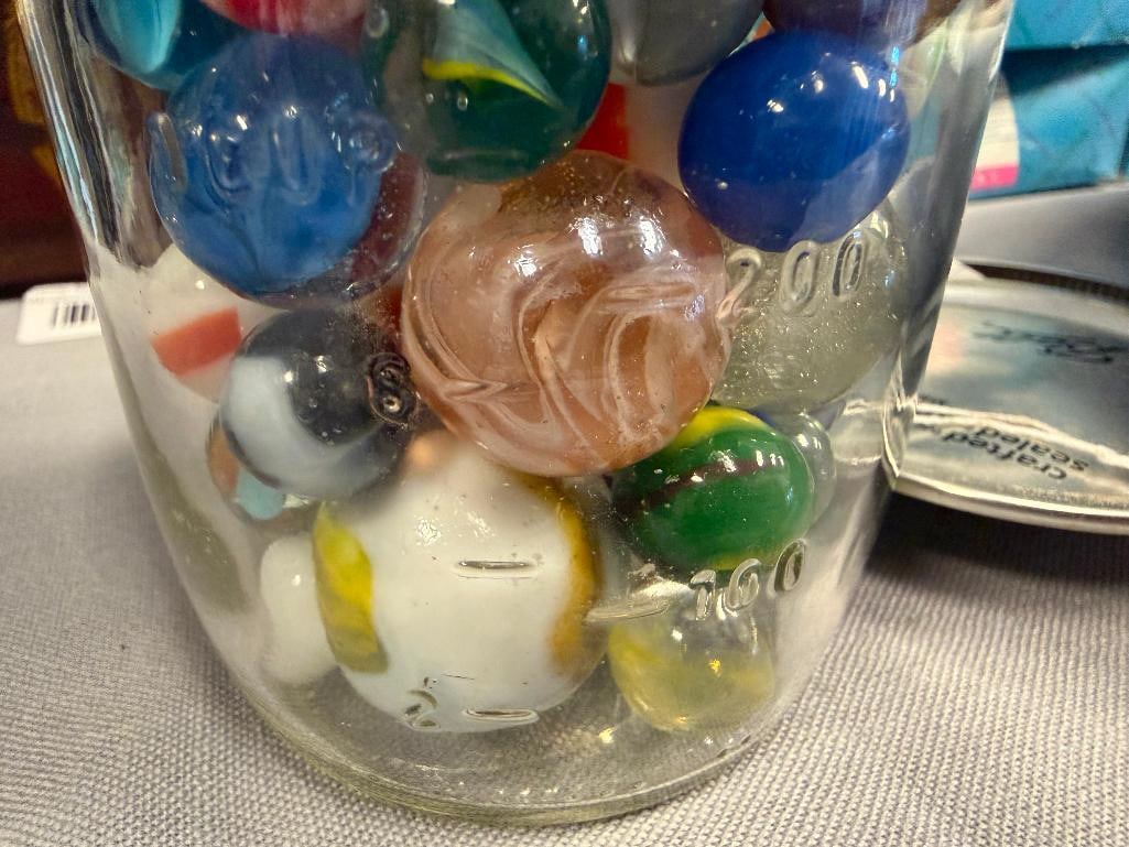 BALL MASON JAR FULL OF 20TH CENTURY MARBLES INCLUDING FEW FLUORESCENT MARBLES - 4