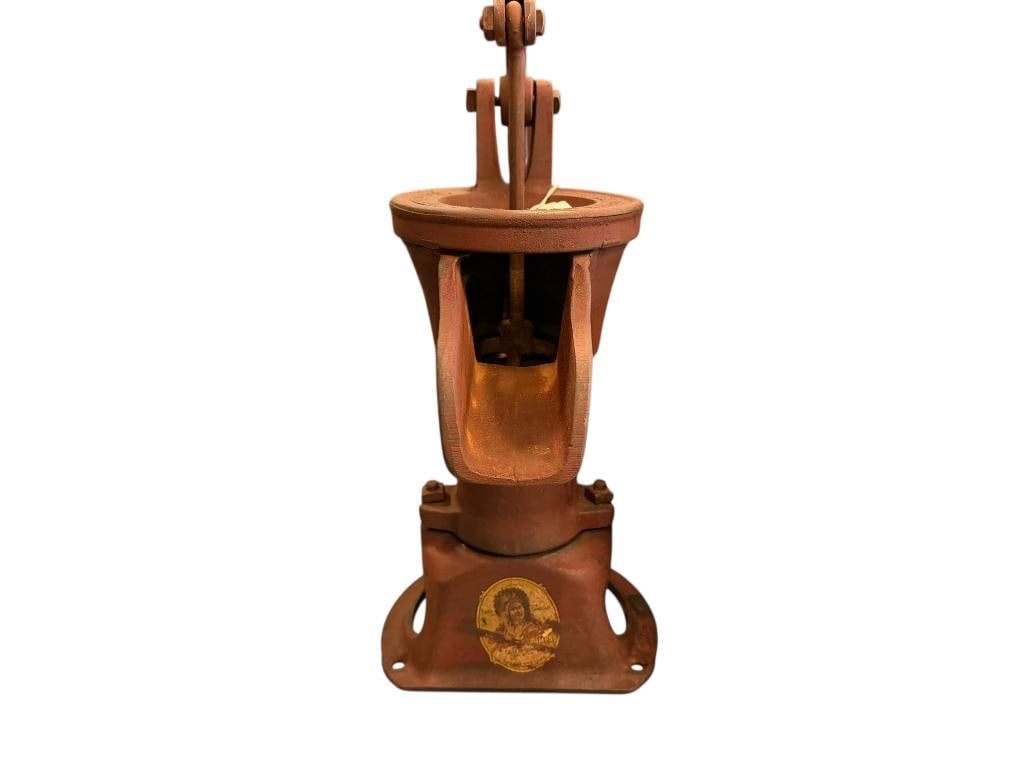 ANTIQUE 2 RED JACKET MFG. COMPANY CAST IRON HAND PUMP: MADE IN DAVENPORT, FEATURE ORIGINAL LABEL PRESENT 17 1/2" H 