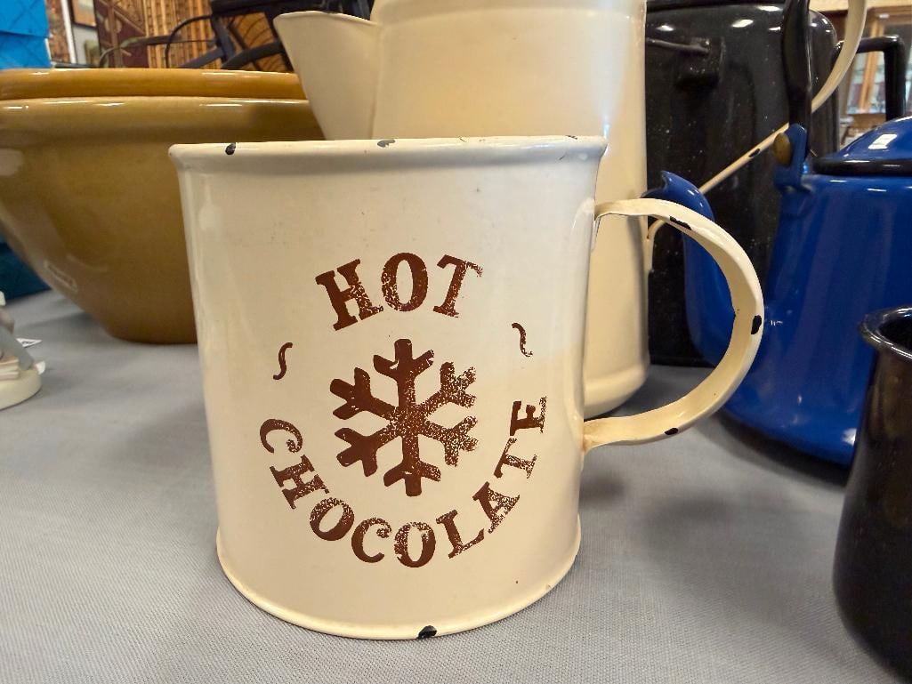 VINTAGE AND NEW ENAMELED TEAPOTS / COFFEE POTS AND MUGS - 3