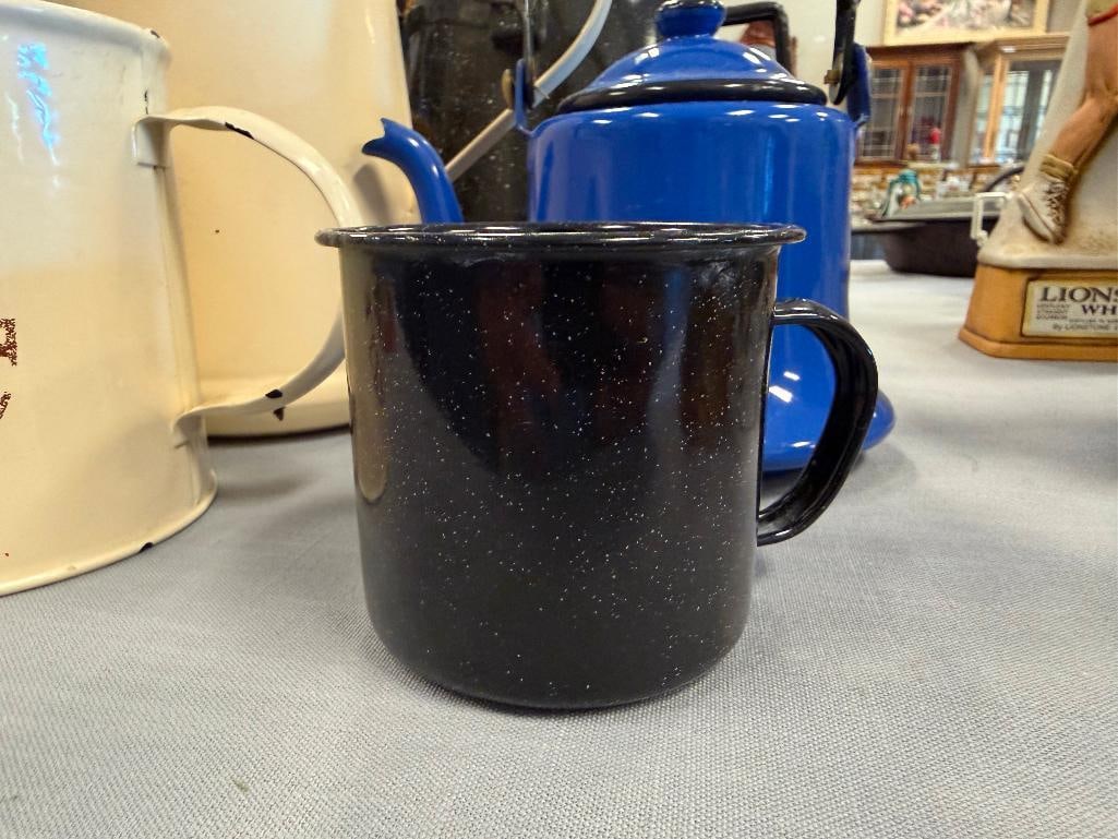VINTAGE AND NEW ENAMELED TEAPOTS / COFFEE POTS AND MUGS - 4