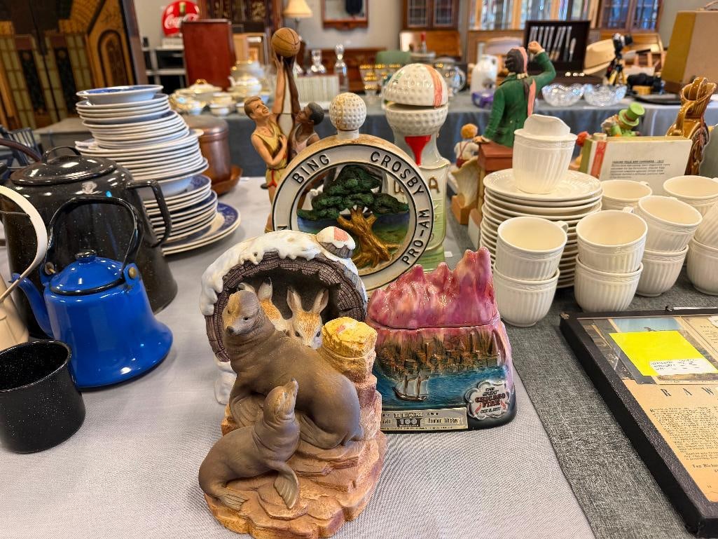 SIX VINTAGE PORCELAIN / CHINA FIGURAL DECANTERS CYRUS NOBLE, REGAL CHINA, W.A. LEGACY - 2