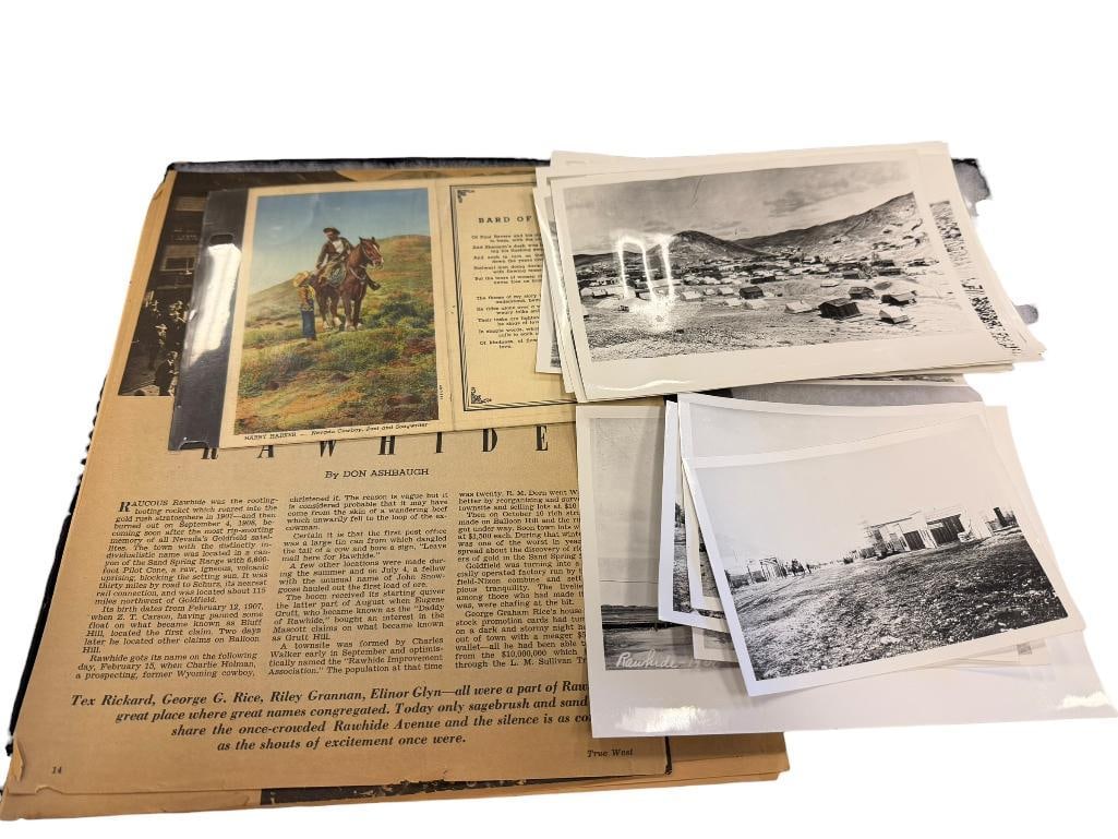 EARLY 1900'S TO 1950'S PHOTOGRAPHS AND MAGAZINE PAGES RELATING TO RAWHIDE, NV: INCLUDES 18 PHOTOGRAPHS OF LANDSCAPE OF RAWHIDE,NV CEMETERY, TOWN, MINING, ETC. HARRY HARKER NEVADA COWBOY BARD OF NEVADA POEM BY BOB MCALLISTER 5" X 4" UP TO 7" X 5" PHOTOGRAPHS