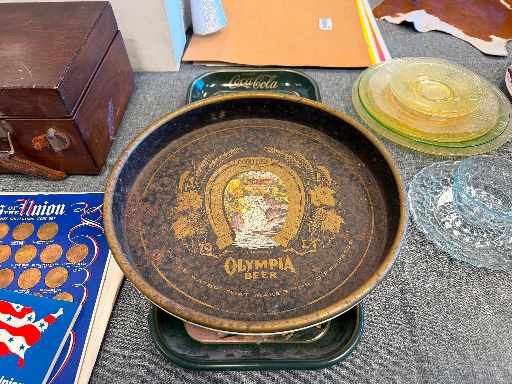 COCA-COLA AND OLYMPIA BEER VINTAGE LADIES ADVERTISEMENT METAL SERVING TRAYS - 2