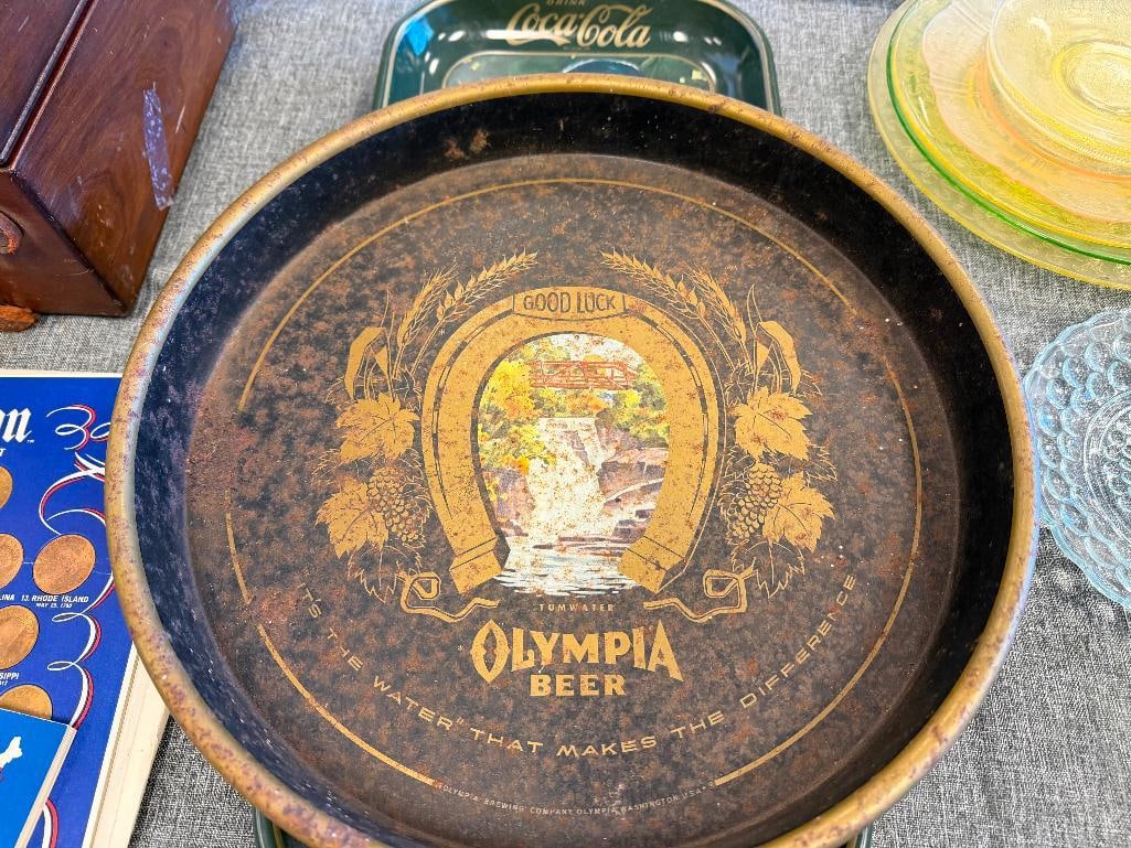 COCA-COLA AND OLYMPIA BEER VINTAGE LADIES ADVERTISEMENT METAL SERVING TRAYS - 3