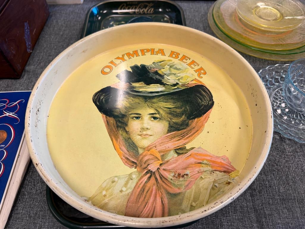 COCA-COLA AND OLYMPIA BEER VINTAGE LADIES ADVERTISEMENT METAL SERVING TRAYS - 6