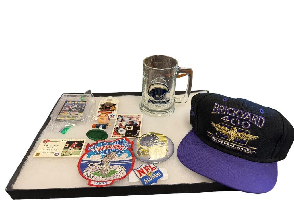 PROFESSIONAL FOOTBALL COLLECTIBLES, CHARGERS BUTTON, SUPERBOWL XVIII PATCH, NFL ALUMNI PATCH: CHARGERS GLASS MUG AND SHOT GLASS, BRICKYARD 400 INAUGURAL RACE HAT