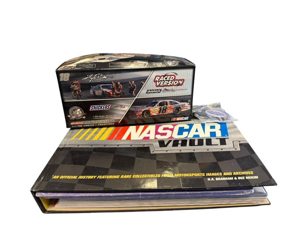 NASCAR COLLECTIBLES DIE-CAST CAR, NASCAR VAULT COLLECTIBLES BOOK, AND AUTOGRAPHS BY VARIOUS DRIVERS: INCLUDES AUTOGRAPH BY RICHARD PETTY, NASCAR VAULT BOOK INCLUDES MEMORABILIA FROM NASCAR SUCH AS PATCHES, STICKERS, PASSES, PROGRAMS AND MORE 