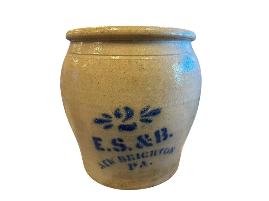 E.S. & B. S 19TH CENTURY SALT GLAZED STONE WARE CROCK 2 GALLON ELVERSON, SHERWOOD, AND BAKER: SALT GLAZED CROCK WITH COBALT LETTERING, SALT GLAZED, MADE IN NEW BRIGHTON, PENN, CIRCA 1881-1890, HAS STRESS CRACKS AROUND THE BOTTOM 10 1/4" H