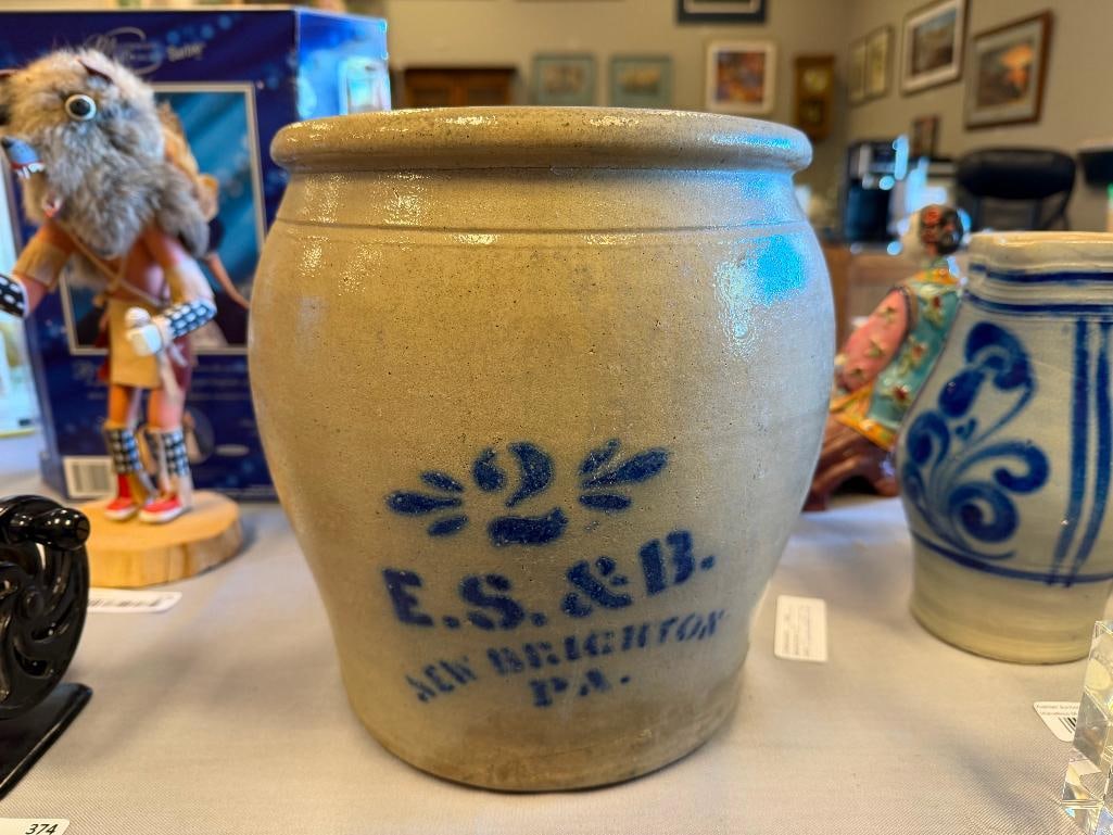 E.S. & B. S 19TH CENTURY SALT GLAZED STONE WARE CROCK 2 GALLON ELVERSON, SHERWOOD, AND BAKER - 2