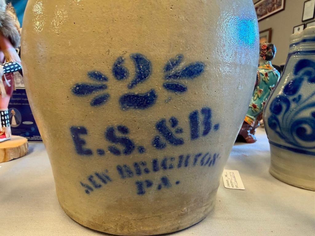 E.S. & B. S 19TH CENTURY SALT GLAZED STONE WARE CROCK 2 GALLON ELVERSON, SHERWOOD, AND BAKER - 3