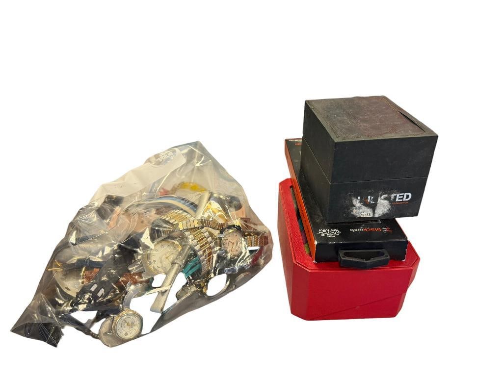 LARGE ASSORTMENT OF MENS AND WOMANS WRISTWATCHES TIMEC, CALLIBRI, ETC.: PARTS AND PIECES, AND SEVERAL NEED NEW BATTERY 